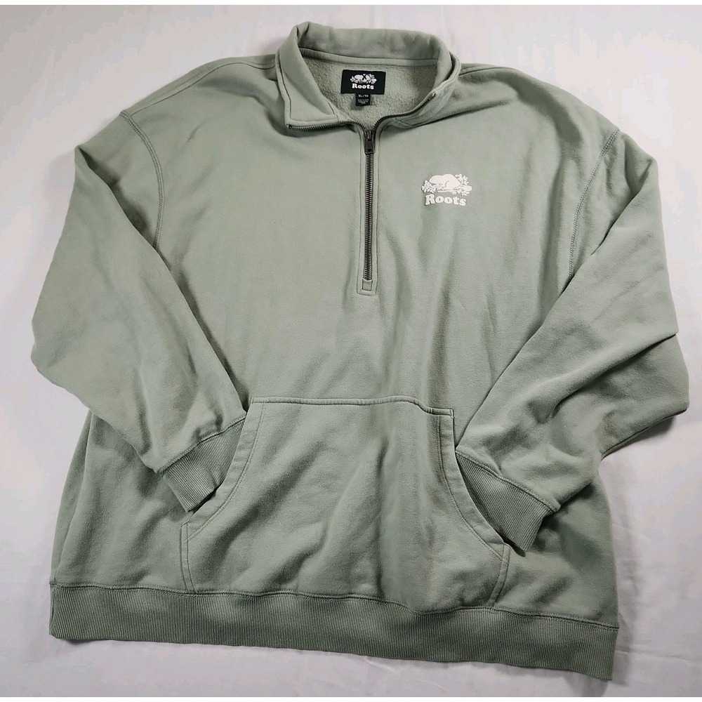 Roots Fleece 1/4 Zip Pullover Womens XL  Green  White Logo